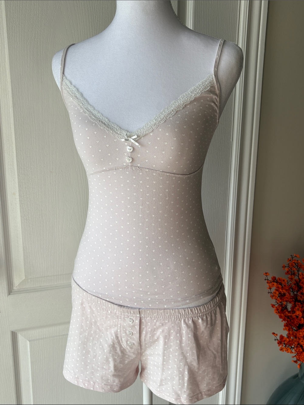 HARLOW - Lace Trim Pink Heart Print Cami & Shorts Set